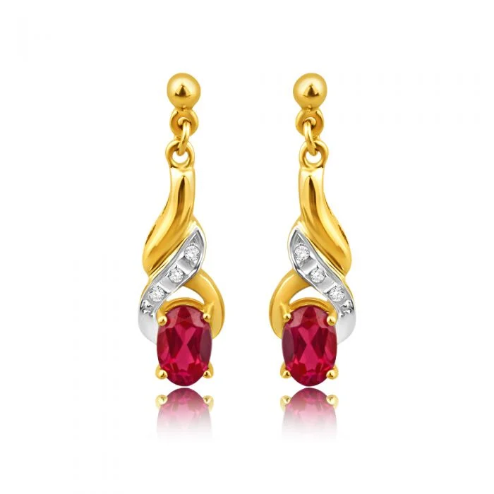 Vintage Inspired Earrings For Women-9ct Alluring Yellow Gold Created Ruby + Diamond Drop Earrings