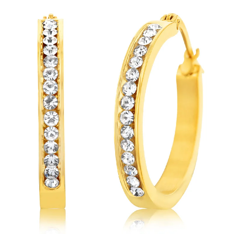 Timeless Earrings For Classic Fashion-Stainless Steel 25mm Half Circle Yellow Gold Plated Crystal Hoop Earrings