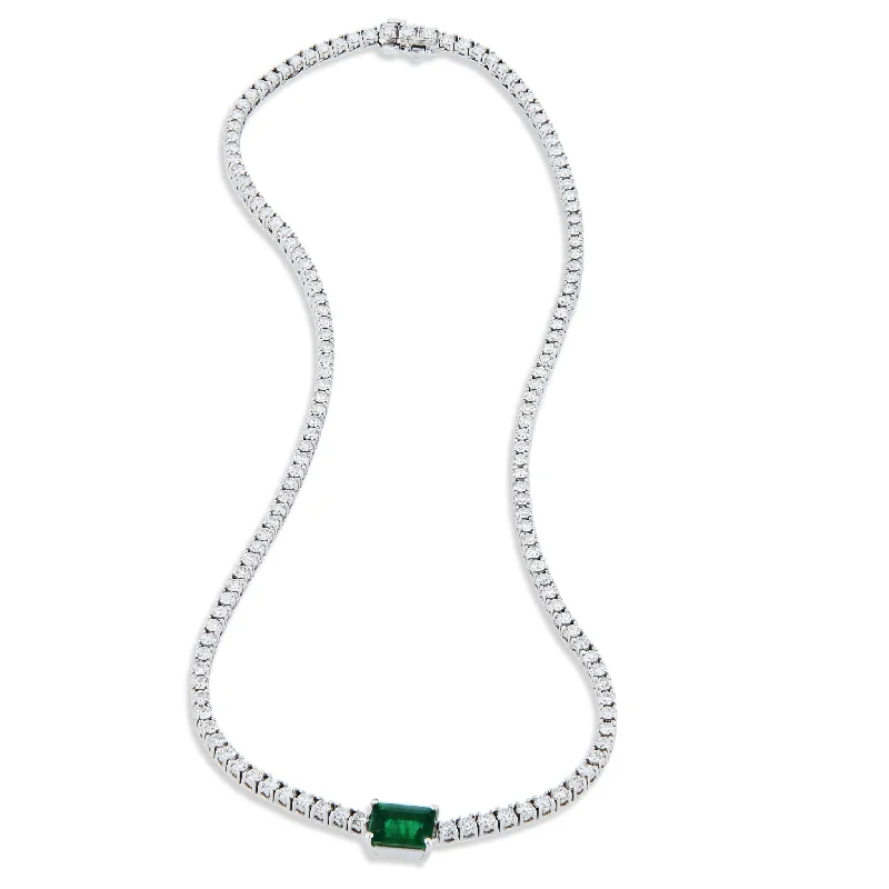 Emerald Cut Zambian Emerald Diamond Tennis Necklace