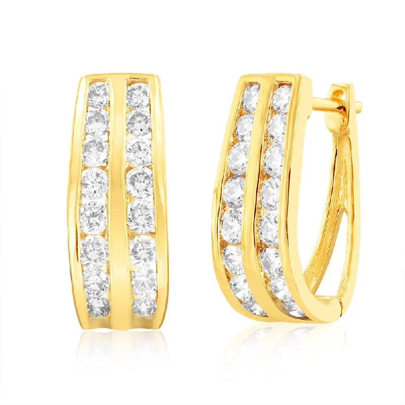 Large Hoop Earrings For Women-9ct Yellow Gold 1 Carat Diamond TW 2 Row Hoop Earrings