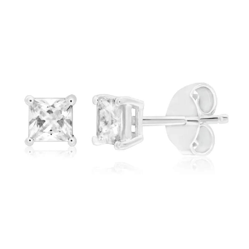 Unique Long Earrings For Bold Fashion-Sterling Silver Cubic Zirconia 4mm Princess Cut Stud Earrings