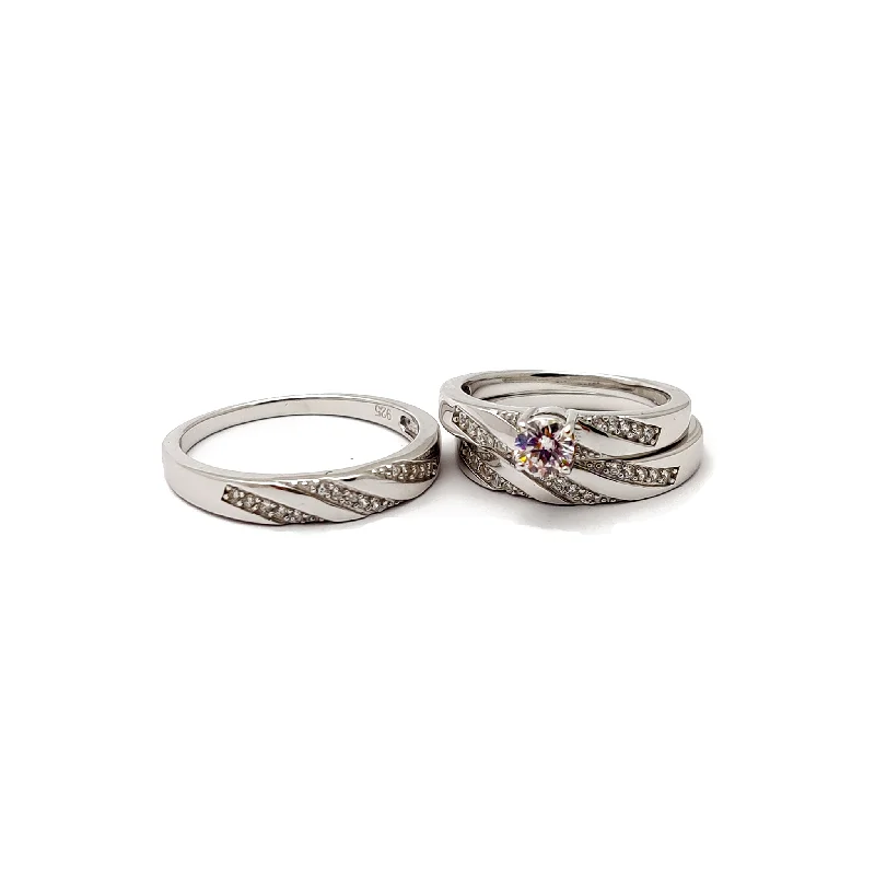 Dainty Rings For Subtle Elegance-Pave Stripe Three Piece Set Engagement Rings (Silver)