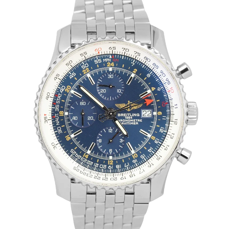 Elegant Watch Collections For Luxury Enthusiasts-MINT PAPERS Breitling Navitimer World GMT BLUE Steel Chronograph 46mm A24322 BOX