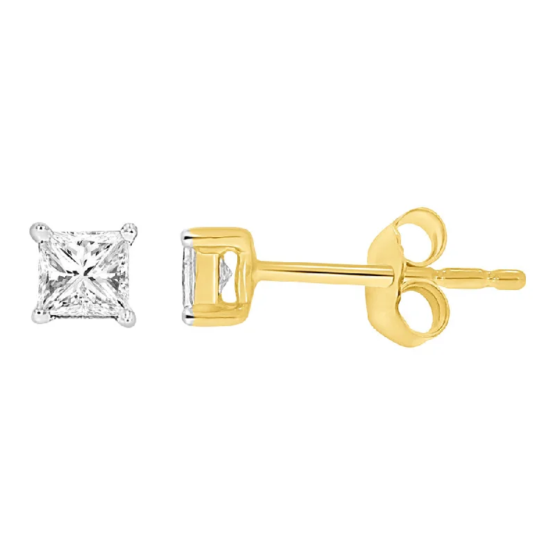 Silver Toned Earrings For Everyday Glam-9ct Yellow Gold 1/5 Carat Princess Diamond Stud Earrings