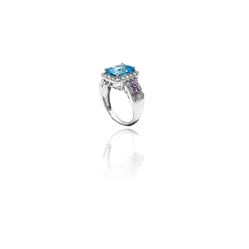 Stylish Wedding Bands For Modern Couples-Diamond Aquamarine Square Ring (14K).