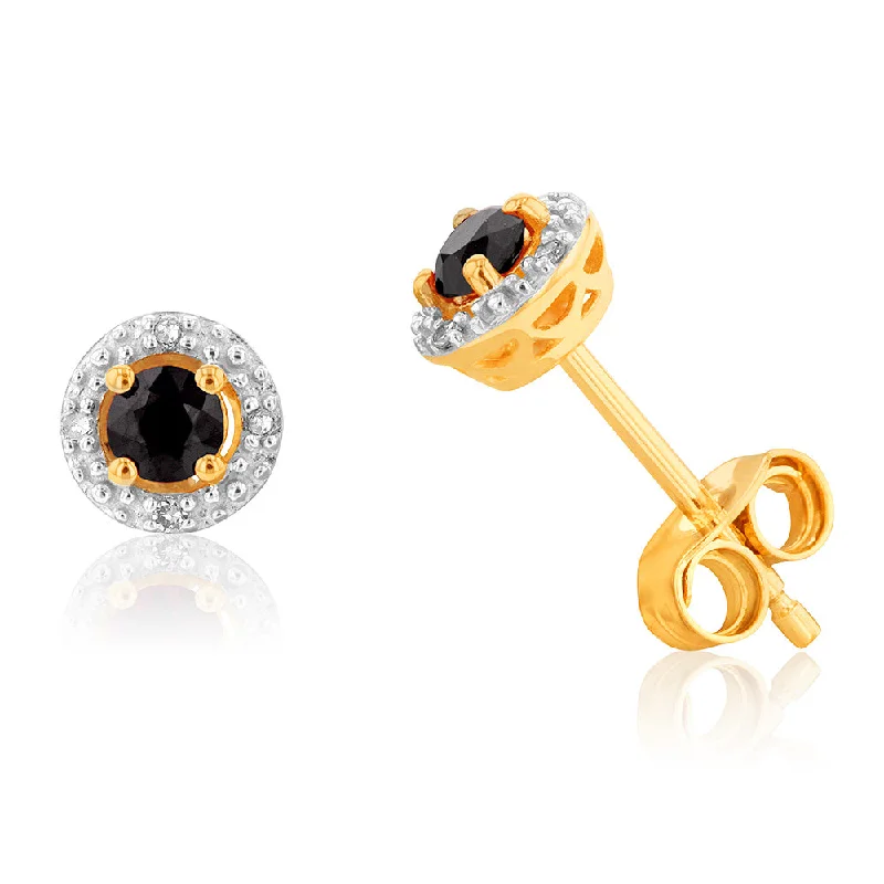 Unique Dangling Earrings For Special Occasions-9ct Yellow Gold Natural Sapphire and Diamond Halo Stud Earrings