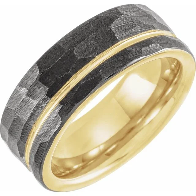 Minimalist Gemstone Rings For Everyday Glam-Black & 18K Yellow Gold PVD Tungsten 8 mm Grooved Band With Hammer Finish