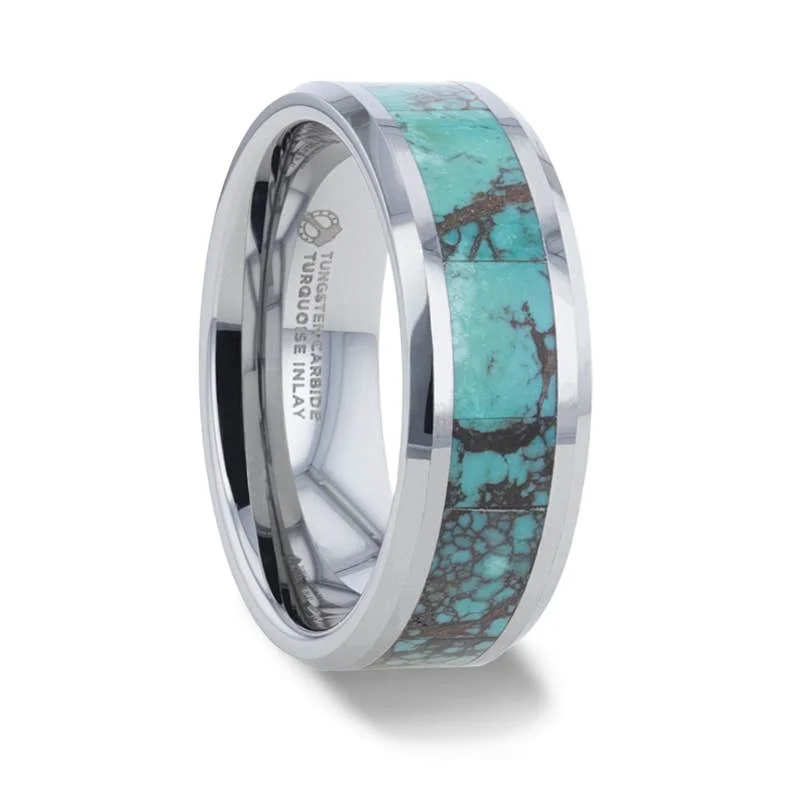 Colorful Engagement Rings For Non-Traditional Brides-Thorsten TURKIS Turquoise Spider Web Inlay Tungsten Carbide ring with Beveled Polished Edges - 8mm