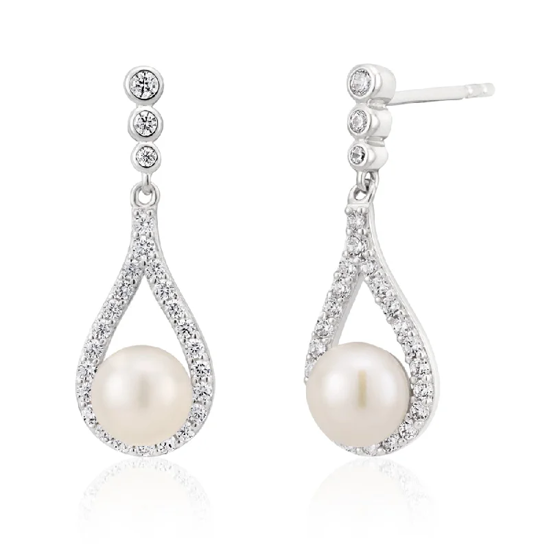 Wedding Earrings For Brides-Sterling Silver Rhodium Plated Freshwater Pearl and Zirconia Teardrop Earrings