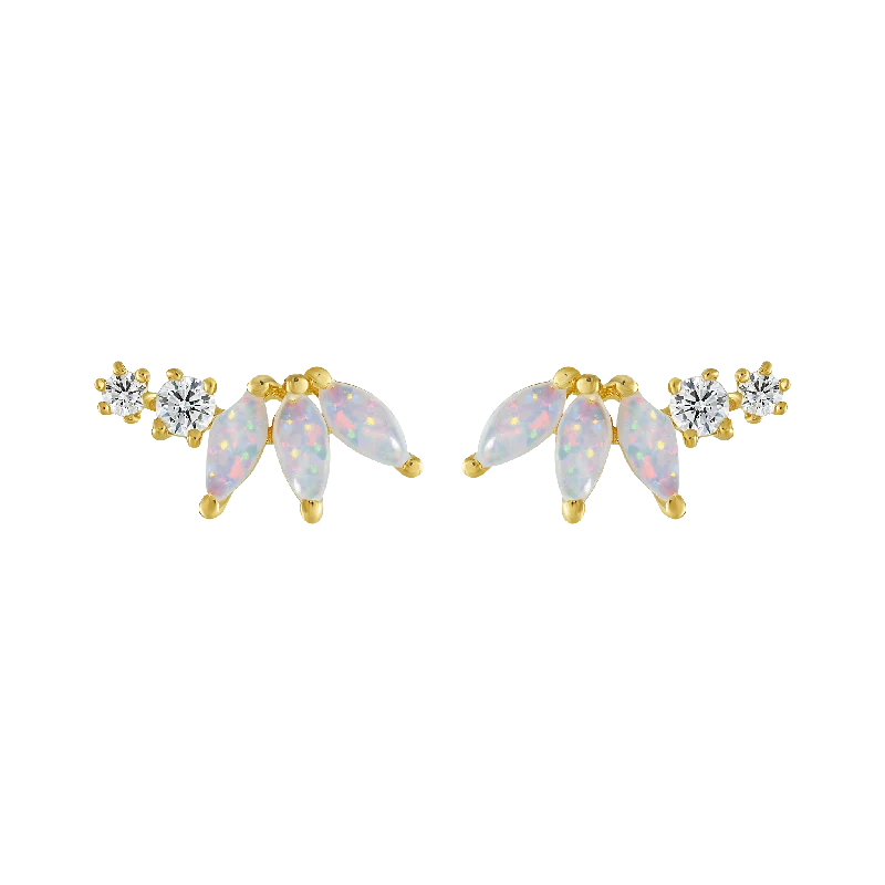 Feather Earrings For Boho Fashion-Opal & Diamond Twinkling Lotus Studs