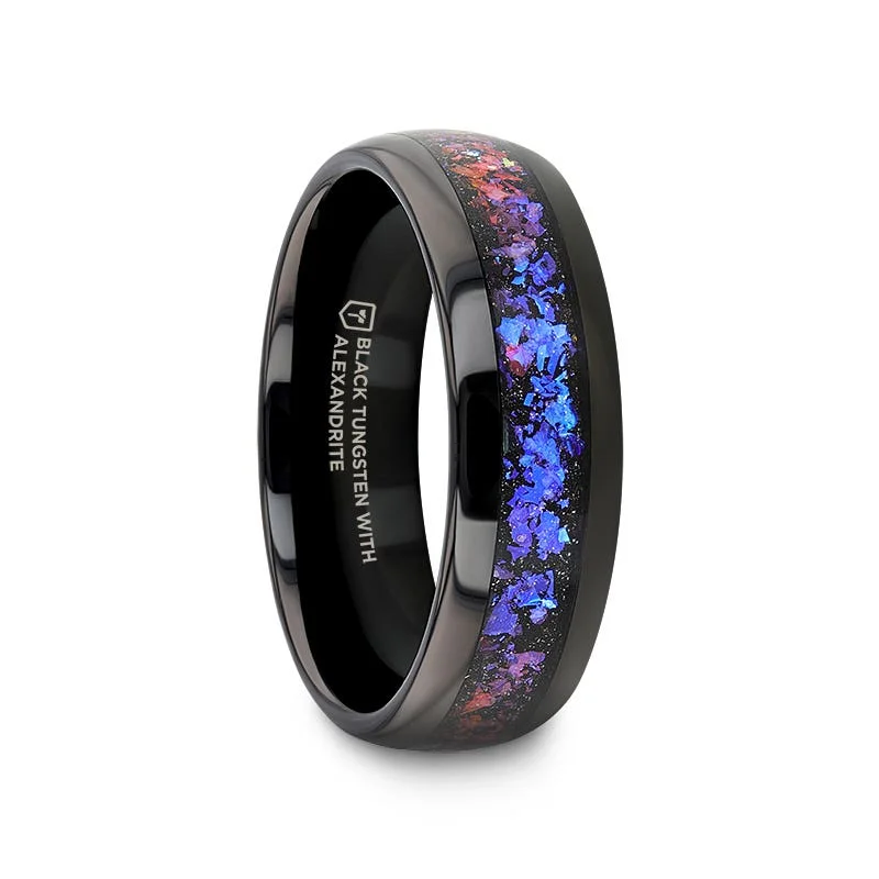 Luxury Gemstone Rings For Special Occasions-Thorsten COSMIC Black Tungsten Crushed Alexandrite and Dark Blue & Purple Goldstone Ring - 4mm & 8mm