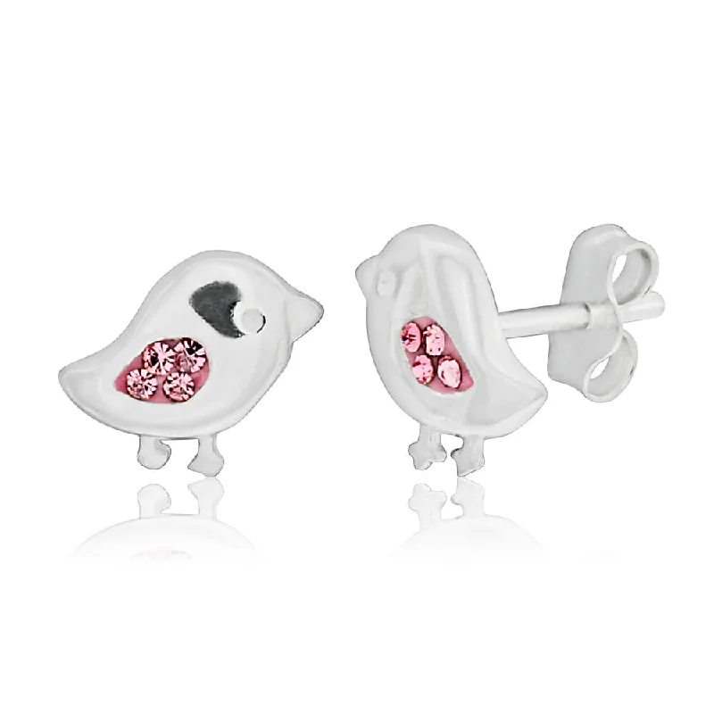 Trendy Hoop Earrings For Women-Sterling Silver Pink Bird Cubic Zirconia Stud Earrings