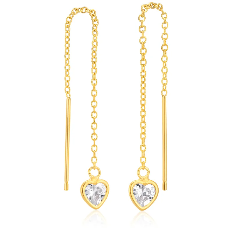 Elegant Drop Earrings For Weddings-9ct Gold Silverfilled CZ Heart Threads Earrings