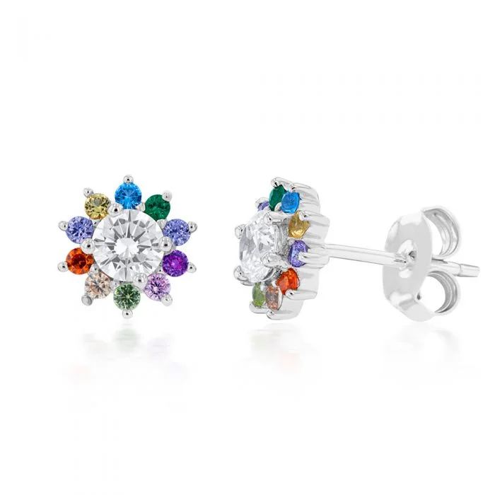 Shiny Gold Earrings For Chic Glam-Sterling Silver Rainbow Multicoloured Crystal Flower Stud Earrings