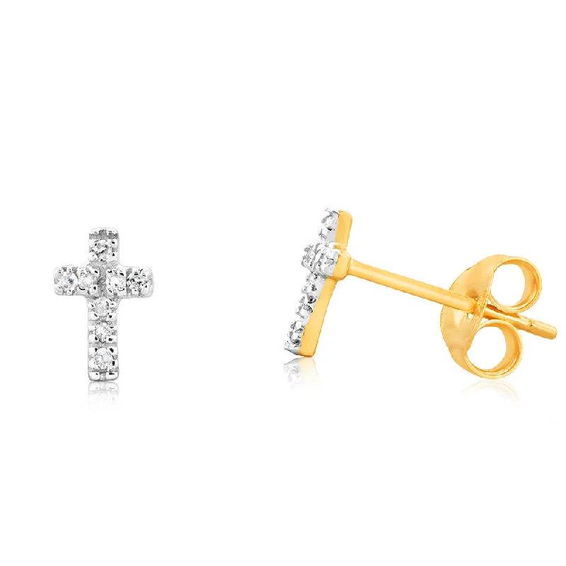 Handmade Earrings For Unique Gifts-9ct Yellow Gold Diamond Cross Stud Earrings with 16 Brilliant Cut Diamonds