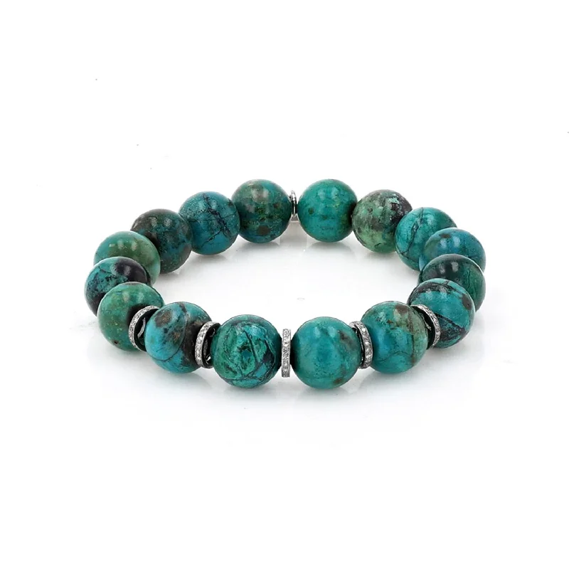 Trendy Friendship Bracelets For Playful Fashion-Chrysocolla Green Bead Bracelet with 5 Diamond Rondelles - 12mm  B0000842