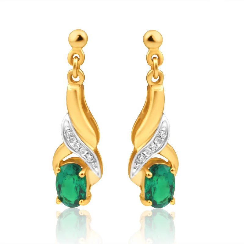 Trendy Drop Earrings For Fashionistas-9ct Yellow Gold Created Emerald + Diamond Drop Earrings