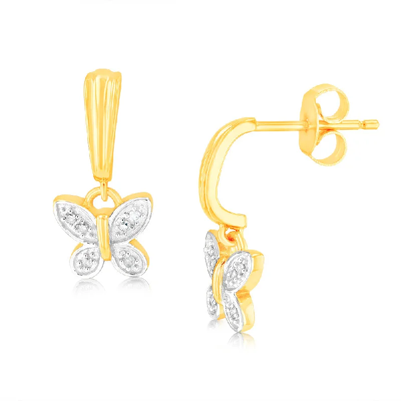 Modern Earrings For Fashion Lovers-9ct Yellow Gold Butterfly Drop Earrings in 12 Diamonds