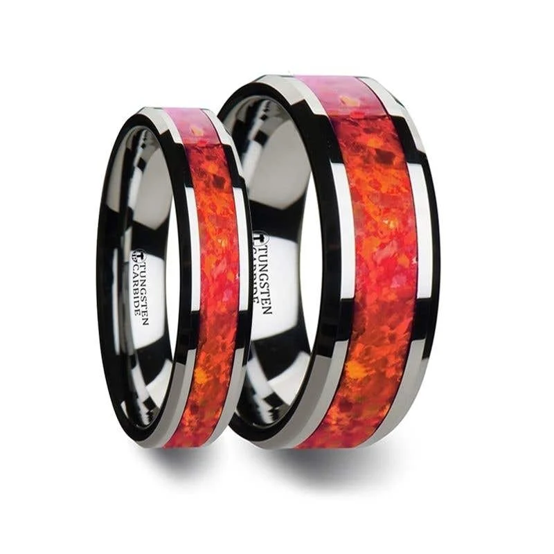 Customizable Wedding Rings For Personalized Designs-Thorsten NEBULA Tungsten Wedding Band with Beveled Edges and Red Opal Inlay - 4mm 6mm 8mm