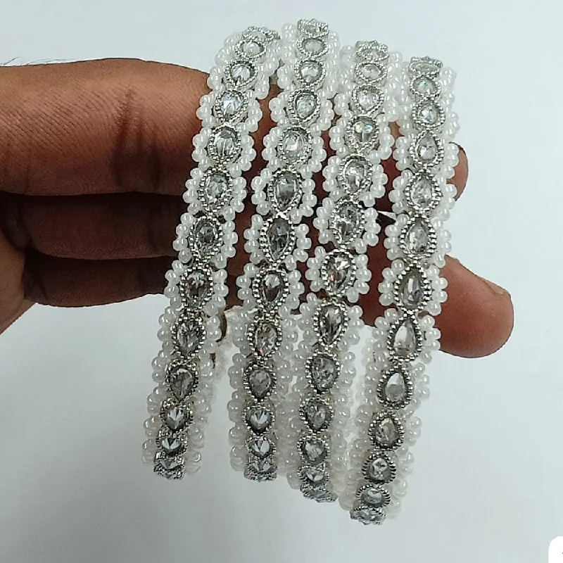 Sparkling Crystal Bangles For Elegant Glam-Jcm Silver Plated Crystal Stone And Pearls Bangles Set