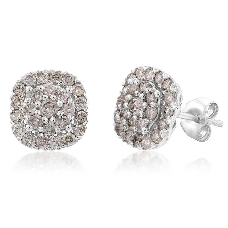 Black Earrings For Bold Contrasts-9ct White Gold 1 Carat Diamond Cluster Stud Earrings with 50 Brilliant Cut Diamonds