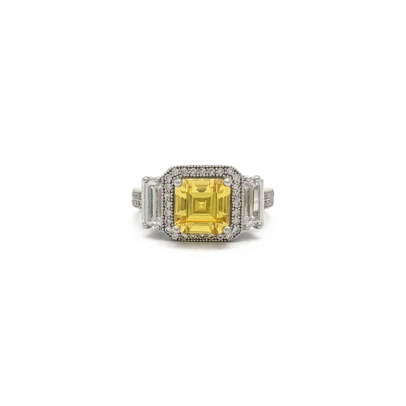 Luxury Rings For Fashionistas-Yellow Asscher Cut Three Stone Ring (Silver)