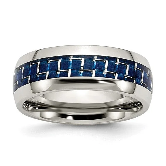 Elegant Rose Gold Rings For Chic Fashion-Stainless Steel Blue Carbon Fiber Inlay Polished 8mm Band