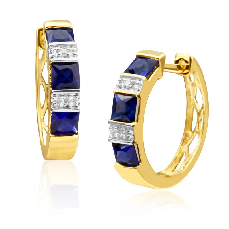 Cute Earrings For Teen Girls-9ct Yellow Gold Created Sapphire and Diamond Hoop Earrings