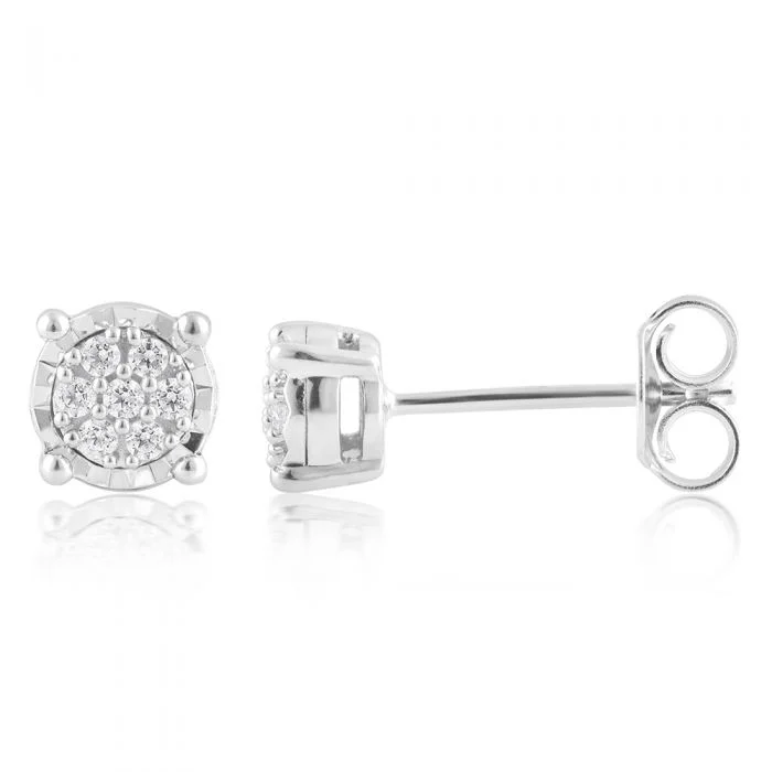 Art Deco Earrings For Retro Vibes-Diamond Stud Earrings set with 14 Brilliant Diamonds in Sterling Silver