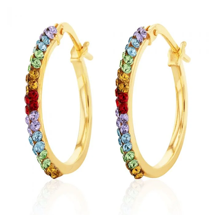 Bright Yellow Earrings For Fun Style-9ct Silverfilled Yellow Gold Rainbow Multi Colour Crystal 15mm Hoop Earrings