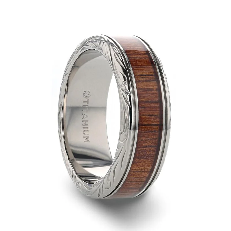 Stunning Custom Rings For Special Occasions-Thorsten OHANA Koa Wood Inlaid Titanium Wedding Ring w/ Detailed Edges 6-10mm