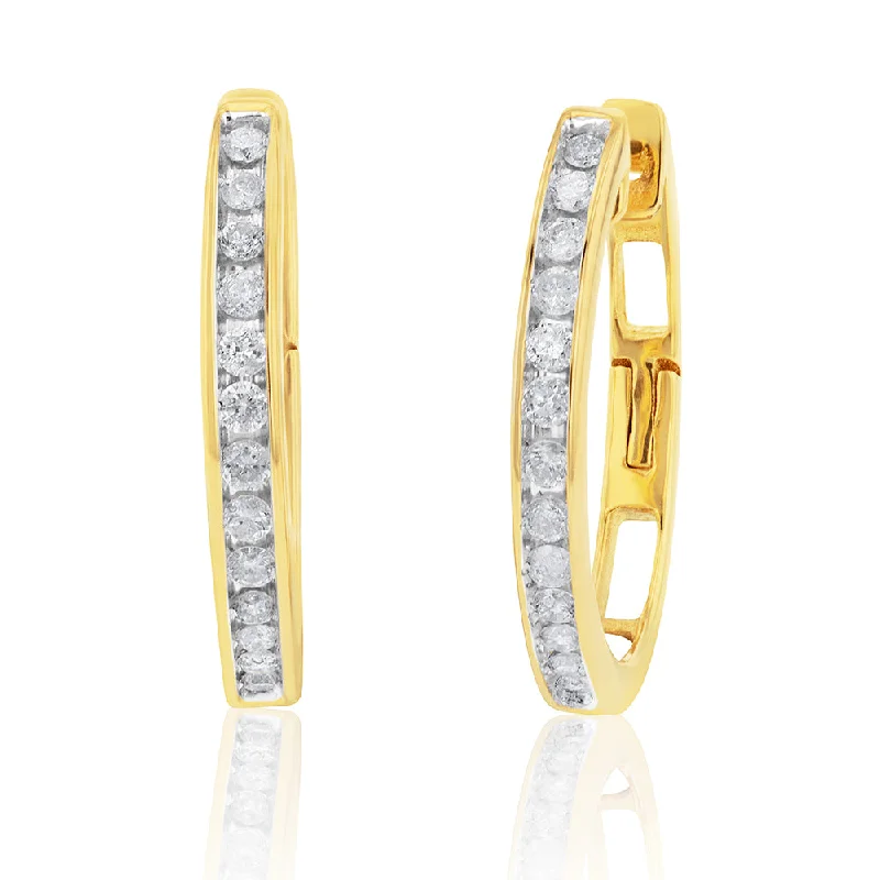 Fashion Earrings For Casual Days Out-9ct Yellow Gold 1/4 Carat Hoop Earrings with 26 Diamonds