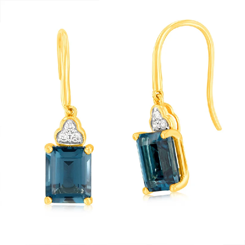 Long Earrings For Fashionistas-9ct Yellow White Gold 5.6ct London Blue Topaz Emerald Cut with 1/10 Carat Diamond Drop Earrings