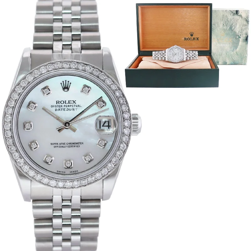 Timeless Silver Watches For Classic Glam-DIAMOND Pearl Ladies Rolex Midsize 31mm Datejust Jubilee Steel 68240 Watch