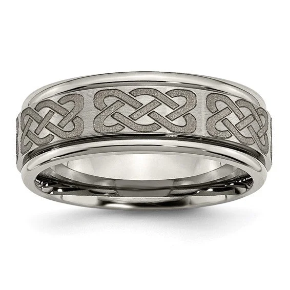 Timeless Engagement Rings For Lasting Love-Titanium Ridged Edge 8mm Celtic Knot Laser Design Brushed & Polished Band