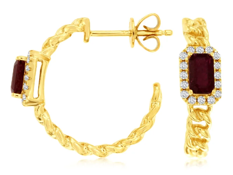 Natural Stone Earrings For Boho Style-Diamond & Ruby Hoops in 14K Yellow Gold