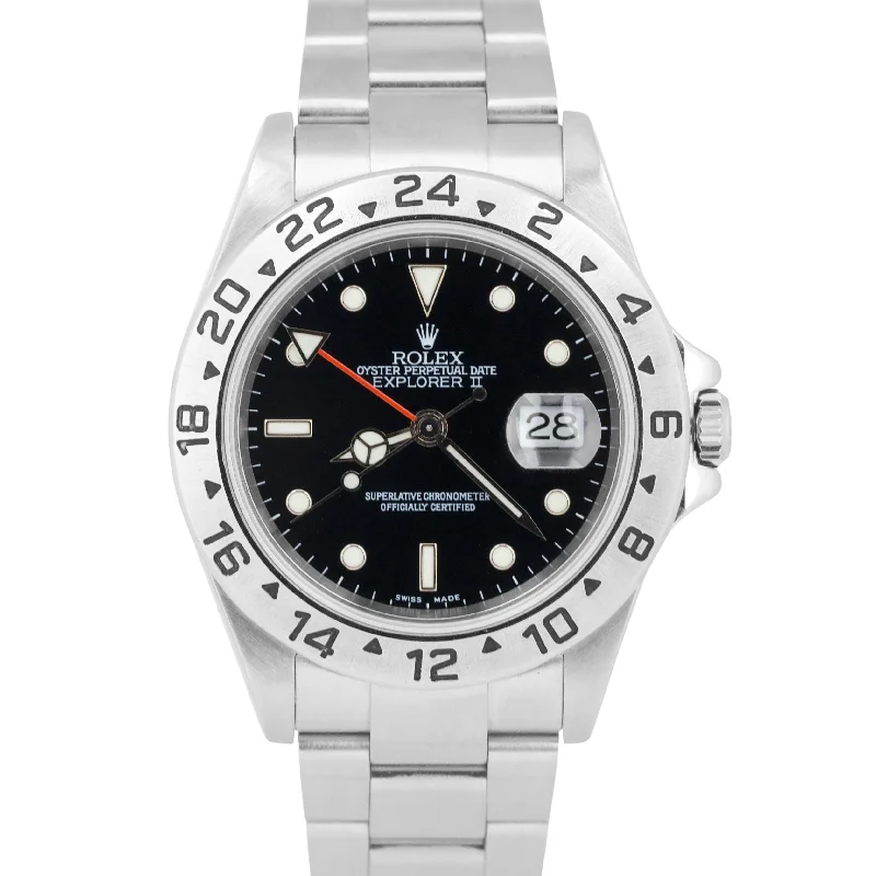 Affordable Swiss Watches For Everyday Wear-PAPERS Rolex Explorer II 40mm BLACK Stainless Steel NO-HOLES Watch 16570 BOX