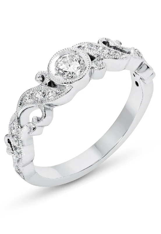 Unique Stackable Rings For Bold Fashion Choices-14k White Gold Diamond Bezel Filigree Engagement or Promise Ring