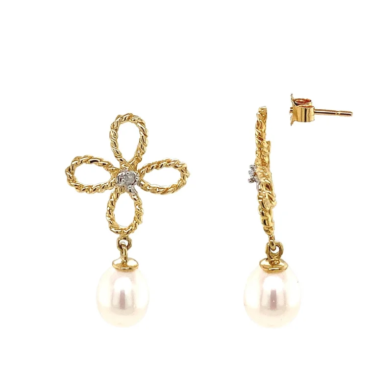 Gold Earrings For Classic Luxury-14K Gold Pearl and Diamond Drop Earrings