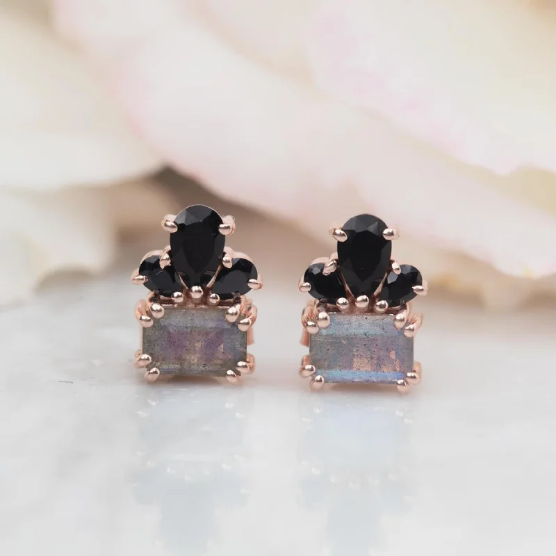 Exclusive Earrings For Fashion Forward Style-Rose Gold Labradorite & Black Spinel Empress Studs