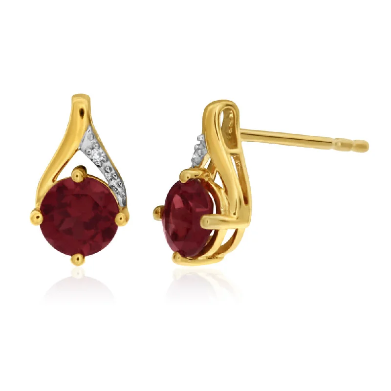 Luxurious Earrings For VIP Looks-9ct Yellow Gold Garnet Diamond Stud Earrings