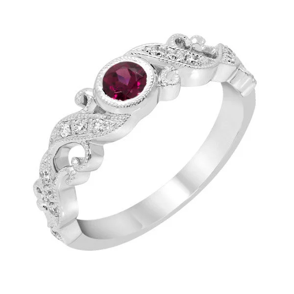 Elegant Engagement Rings For Romantic Proposals-14k White Gold Ruby Bezel and Diamond Filigree Ring