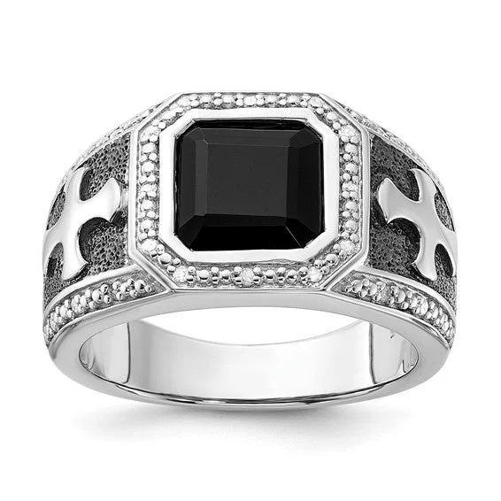 Custom Gemstone Rings For Personalized Style-Sterling Silver Diamond & Onyx Black Rhodium Plated Cross Men's Ring