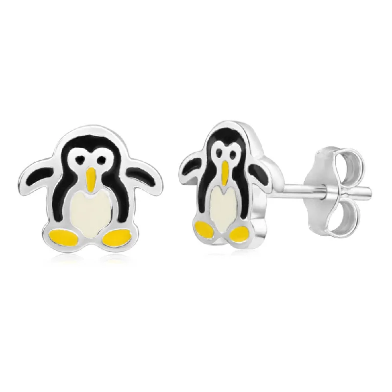 High Quality Earrings For Everyday Wear-Sterling Silver Enamel Penguin Stud Earrings