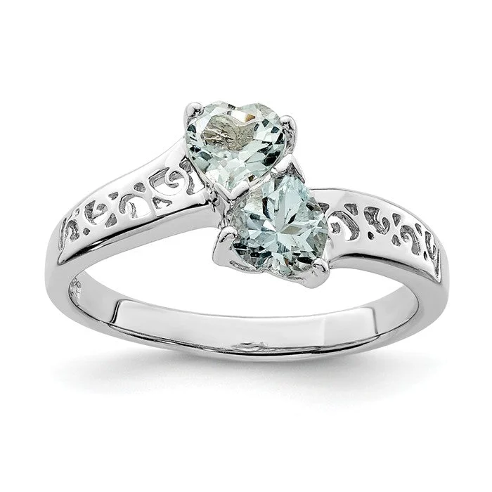 Luxury Diamond Rings For Elegant Brides-Sterling Silver 2-Stone Genuine Heart Gemstone Filigree Rings