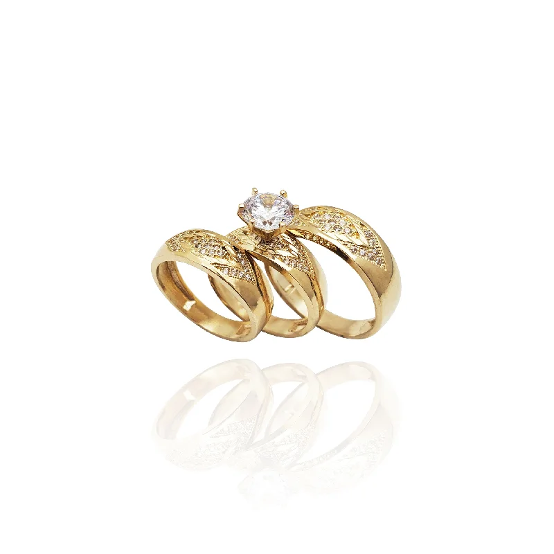 Simple Wedding Rings For Elegant Couples-Stoneset Chevron Accent Engagement Ring Set (14K)