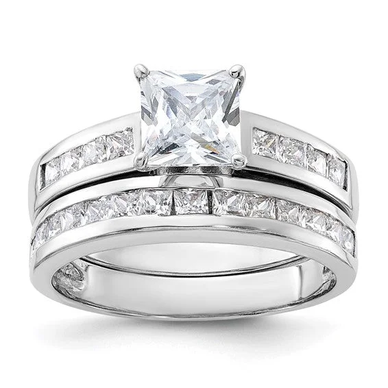 Custom Engagement Rings For Unique Proposals-Sterling Silver 2-Piece CZ Princess Cut Channel Set Wedding Ring Set