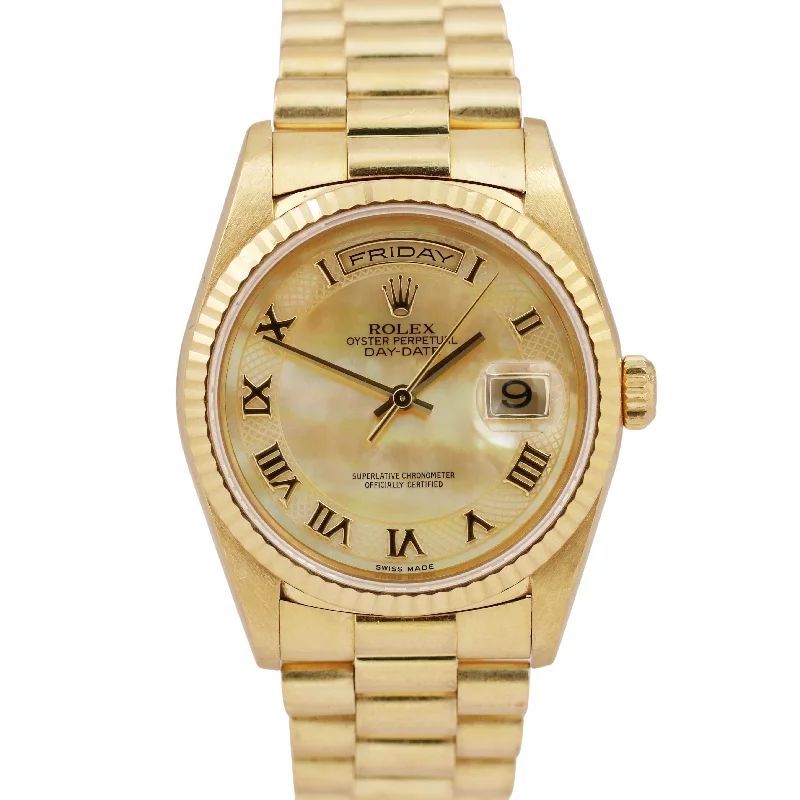 Beautiful Designer Watches For Fashion-Forward Women-UNPOLISHED Rolex Day-Date President MOP DECO ROMAN 36mm 18K Yellow Gold 18238