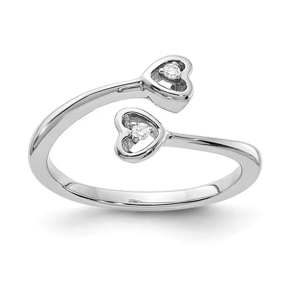 Custom Gold Rings For Personalized Style-Sterling Silver Diamond Double Heart ByPass Ring