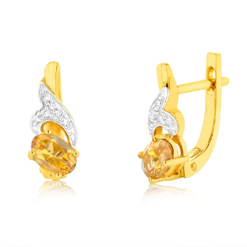 Chic Drop Earrings For Fancy Events-9ct Yellow Gold Citrine And Diamond Fancy Hoop Earrings